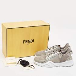 Fendi Grey Leather and Zucca Canvas Flow Sneakers Size 42