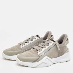 Fendi Grey Leather and Zucca Canvas Flow Sneakers Size 42