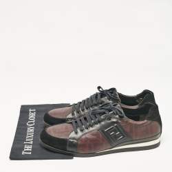 Pre Owned Fendi Black/Burgundy Zucca Coated Canvas and Leather Low Top Sneakers Size 45