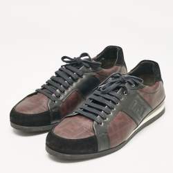 Pre Owned Fendi Black/Burgundy Zucca Coated Canvas and Leather Low Top Sneakers Size 45