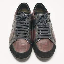 Pre Owned Fendi Black/Burgundy Zucca Coated Canvas and Leather Low Top Sneakers Size 45