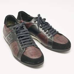 Pre Owned Fendi Black/Burgundy Zucca Coated Canvas and Leather Low Top Sneakers Size 45