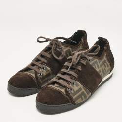 Fendi Brown Canvas and Suede FF Print Lace Up Sneakers Size 42