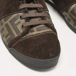 Fendi Brown Canvas and Suede FF Print Lace Up Sneakers Size 42