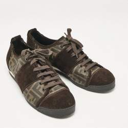 Fendi Brown Canvas and Suede FF Print Lace Up Sneakers Size 42