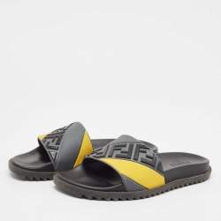 Pre Owned Fendi Grey/Yellow FF Rubber Fussbett Slides Size 42