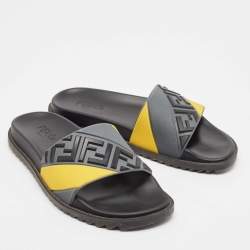 Pre Owned Fendi Grey/Yellow FF Rubber Fussbett Slides Size 42