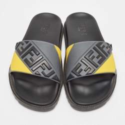 Pre Owned Fendi Grey/Yellow FF Rubber Fussbett Slides Size 42