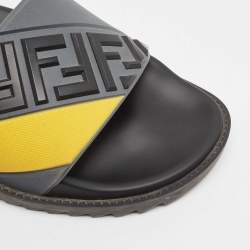Pre Owned Fendi Grey/Yellow FF Rubber Fussbett Slides Size 42