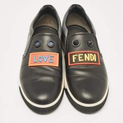 Fendi Black/Grey Leather Vocabulary Face Leather  Detail Slip On Sneakers Size 44