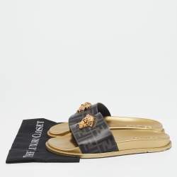 Pre Owned Fendi X Versace  Black Leather Fendace Slide Flats Size 43                        
