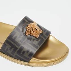 Pre Owned Fendi X Versace  Black Leather Fendace Slide Flats Size 43                        