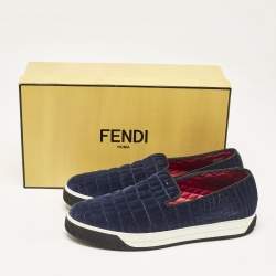 Fendi Navy Blue/Black Croc Print Velvet Slip On Smoking Slippers Size 43