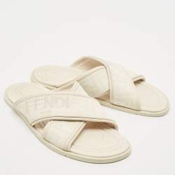 Fendi Off White Zucca Fabric and Leather Crisscross Flat Slides Size 42