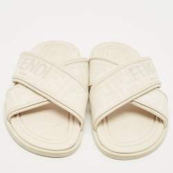 Fendi Off White Zucca Fabric and Leather Crisscross Flat Slides Size 42