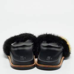 Pre Owned  Fendi x Fila Black Mink Fur Logo Mania Slide Sandals Size 41