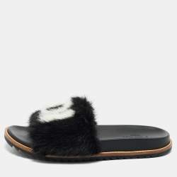  Fendi x Fila Black Mink Fur Logo Mania Slide Sandals Size 41