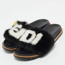 Pre Owned  Fendi x Fila Black Mink Fur Logo Mania Slide Sandals Size 41