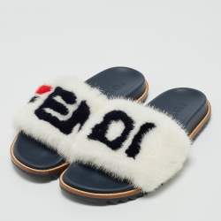 Pre Owned Fendi x Fila Black Mink Fur Logo Mania Slide Sandals Size 41