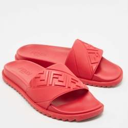 Fendi Red Rubber FF Embossed Logo Pool Slide Sandals Size 42