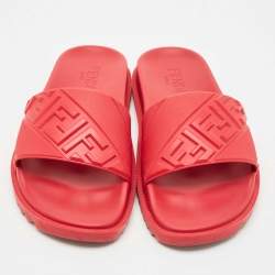 Fendi Red Rubber FF Embossed Logo Pool Slide Sandals Size 42