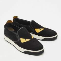 Pre Owned Fendi Black Suede and Leather Monster Eyes Slip On Sneakers Size 42