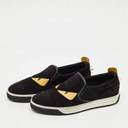Pre Owned Fendi Black Leather and Suede Monster Low Top Sneakers Size 43