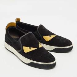 Pre Owned Fendi Black Leather and Suede Monster Low Top Sneakers Size 43