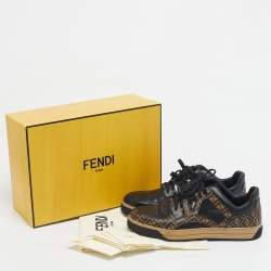 Pre Owned Fendi Black/Brown FF Leather and Mesh Lace Up Sneakers Size 41