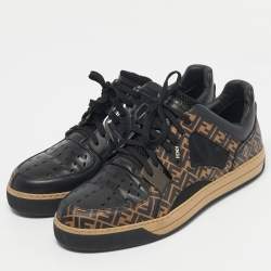 Pre Owned Fendi Black/Brown FF Leather and Mesh Lace Up Sneakers Size 41