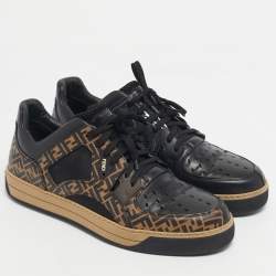 Pre Owned Fendi Black/Brown FF Leather and Mesh Lace Up Sneakers Size 41