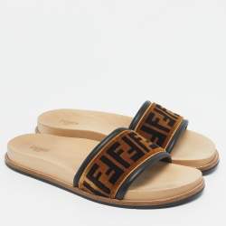 Pre Owned Fendi Brown Velvet Zucca Flat Slide Size 45