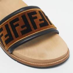Pre Owned Fendi Brown Velvet Zucca Flat Slide Size 45