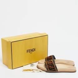 Pre Owned Fendi Brown Velvet Zucca Flat Slide Size 45