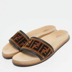 Pre Owned Fendi Brown Velvet Zucca Flat Slide Size 45
