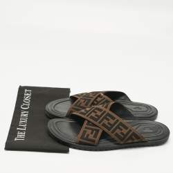 Pre Owned Fendi Brown/Black Zucca Canvas Cross Strap Flat Slides Size 43