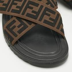 Pre Owned Fendi Brown/Black Zucca Canvas Cross Strap Flat Slides Size 43