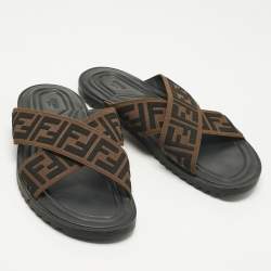 Pre Owned Fendi Brown/Black Zucca Canvas Cross Strap Flat Slides Size 43