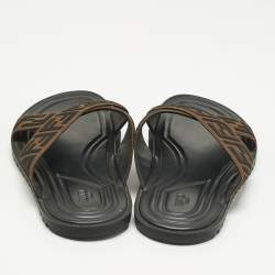 Pre Owned Fendi Brown/Black Zucca Canvas Cross Strap Flat Slides Size 43