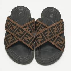 Pre Owned Fendi Brown/Black Zucca Canvas Cross Strap Flat Slides Size 43