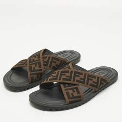 Pre Owned Fendi Brown/Black Zucca Canvas Cross Strap Flat Slides Size 43