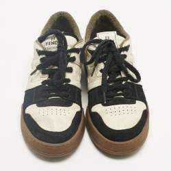 Pre Owned Fendi Cream/Black Leather and Suede Low Top Sneakers Size 43