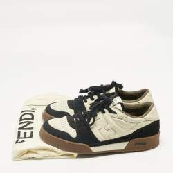 Pre Owned Fendi Cream/Black Leather and Suede Low Top Sneakers Size 43