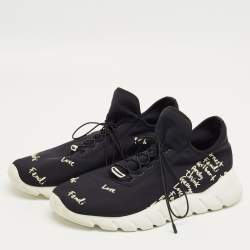 Pre Owned Fendi Black/White Neopene and Knit Fabric Printed Low Top Sneakers Size 43