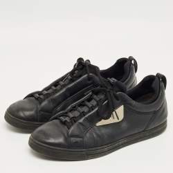 Pre Owned Fendi Black Leather and Fabric Monster Eye Mid Top Sneakers Size 43