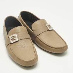 Pre Owned Fendi Brown Leather FF Slip On Loafers Size 43