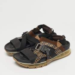Pre Owned Fendi Brown/Black Canvas and Elastic Flat Sandals Size 43