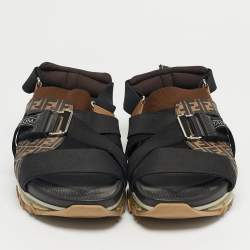 Pre Owned Fendi Brown/Black Canvas and Elastic Flat Sandals Size 43