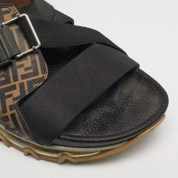 Pre Owned Fendi Brown/Black Canvas and Elastic Flat Sandals Size 43