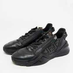 Pre Owned Fendi Black/Grey Zucca Canvas Fabric and Leather Flow Sneakers Size 43